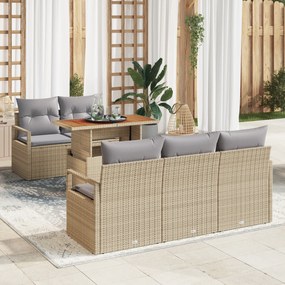 Conjunto de Sofá de Jardim 6 Peças com Almofadas Bege em Vime Poliéste