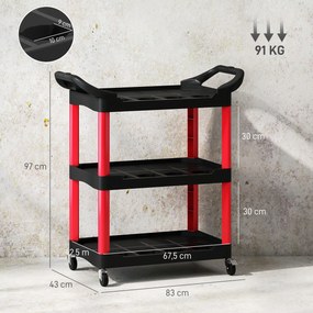 Carro de Oficina  de Ferramentas com 3 Prateleiras Rodas e Pegas para Garagem Oficina Casa 83x43x97 cm Vermelho e Preto