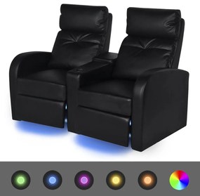 vidaXL Poltrona reclinável LED 2 lugares, couro artificial, preto
