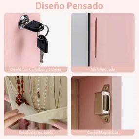 Armário de joias em madeira com espelho de parede e LED interno Organizador de porta ou parede com chave 35,5 x 10 x 120 cm Rosa