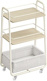 Carrinho para a sala de estar  com 3 níveis, prateleiras e cesto, estante com rodas bege-branco