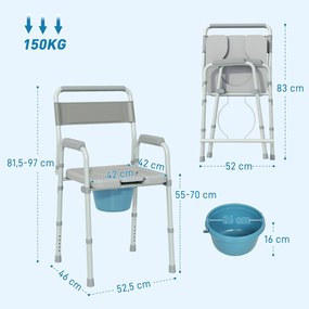 Cadeira de sanita dobrável, antiderrapante e com altura ajustável, assento e braços almofadados, capacidade de 150 kg, cinzento