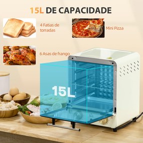HOMCOM Mini Forno Elétrico 15 Litros 1000W Forno com Temperatura até 230°C Temporizador 60 Minutos Bandeja e Grade 25,5x27,5x32cm Creme
