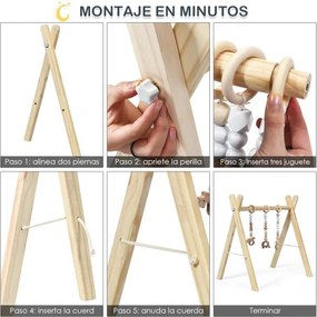 Ginásio para bebés com brinquedos para a dentição Desenvolvimento cerebral dobrável em madeira para crianças +3 meses 66 x 40 x 60 cm Natural