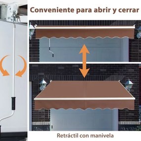 Toldo retrátil 245 x 200 cm com manivela manual em poliéster impermeável, marquise em alumínio para porta de parede ou janela Castanho