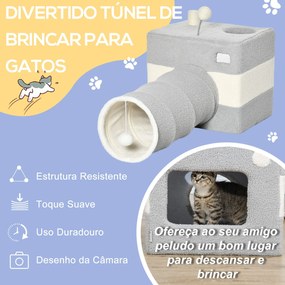 Túnel para Gatos com Caverna Túnel para Animais de Estimação com Orifício Superior Porta Dianteira Poste de Sisal e Bola Suspensa 48x95x58cm Cinza