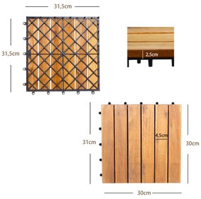 Conjunto 27 ladrilhos de madeira de acácia sem ferramentas para uso interno e externo 30 x 30 x 2,5 cm Natural