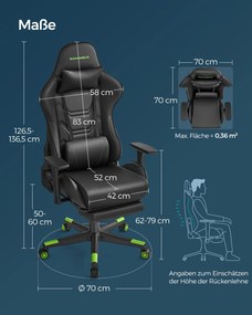 SONGMICS RCG070C01 Cadeira de escritório ergonômica com encosto alto, apoio para os braços, apoio para os pés, almofada de apoio lombar, capacidade de carga de até 150 kg, preta/verde