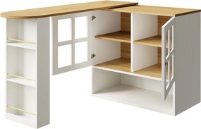 Mesa de Bar de jantar giratória 360°, com suporte para snacks e 5 prateleiras, 138-204C x 39L x 102,5A cm, Branco