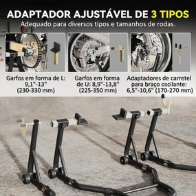 Cavalete de Moto Carga de 390 kg Suporte Dianteiro e Traseiro Universal Elevador de Moto em Aço com Rodas Preto