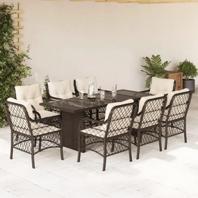 9 pcs conjunto jantar p/ jardim c/ almofadões vime PE castanho
