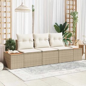 Conjunto de Sofá de Jardim de 3 Peças com Almofadas Bege Poliratan Acácia
