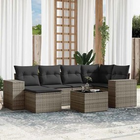 7 pcs conjunto sofás p/ jardim c/ almofadões vime PE cinzento