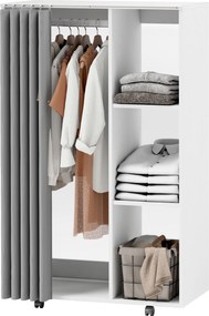Guarda-roupa móvel com 4 rodas, com varão para cabides e prateleiras abertas, branco