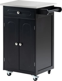 Carrinho de serviço de cozinha com rodas 60 x 45 x 85 cm, com vários compartimentos de arrumação: 1 gaveta, armário com 2 portas e prateleira para pan