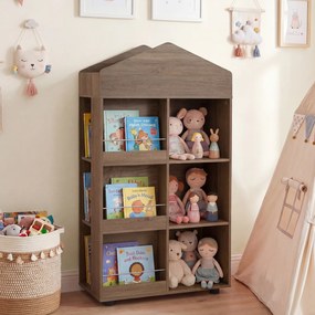 Estante infantil de madeira com 64 x 30 x 116 cm, em forma de casinha para bonecas, com compartimentos, para quarto de bebé, Castanha