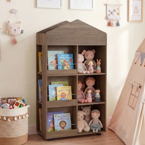 Estante infantil de madeira com 64 x 30 x 116 cm, em forma de casinha para bonecas, com compartimentos, para quarto de bebé, Castanha
