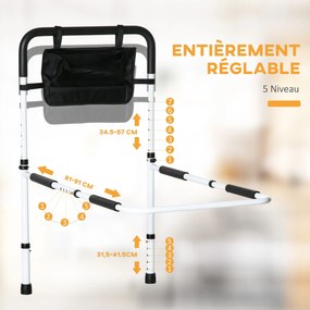 Barra de apoio para cama com pés, proteção ajustável em 5 alturas, bolso de arrumação, 52 x 85-95 x 71-102 cm, branco e preto