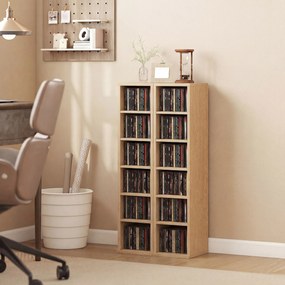 Conjunto de 2 prateleiras verticais para arrumação de CDs e DVDs, com 12 compartimentos, 21 x 22,5 x 88,5 cm, capacidade para 204 CDs, em madeira natu