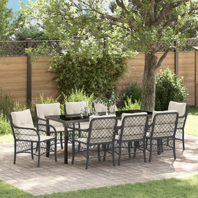 vidaXL Conjunto de Jantar de Jardim com 9 Peças e Almofadas Preto Poly Rattan