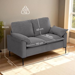 Sofá de 2 Lugares Revestido em Veludo Sofá Moderno com Pés de Metal Apoios de Braços Acolchoados 130x77x84 cm Cinza