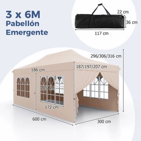Tenda jardim, festas, eventos de 600 x 300 cm com 6 paredes laterais removíveis, com 6 pesos com bolsa de transporte Bege