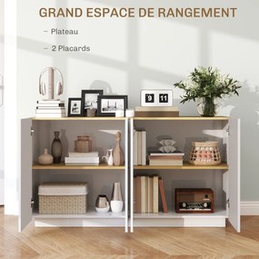 Aparador para sala de jantar e cozinha com 4 portas 140 x 40 x 75 cm com fecho suave e prateleiras ajustáveis, branco