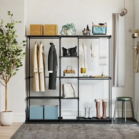 Guarda Roupas 182x43x185 cm Armário Aberto com 8 Prateleiras de Tecido Barras para Pendurar  182x43x185 cm Preto