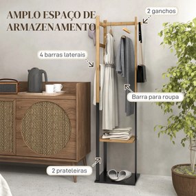 Cabide de Pé de Bambu com 2 Prateleiras 2 Ganchos 5 Barras e Estrutura de Aço 46x28,5x153,5 cm Madeira e Preto