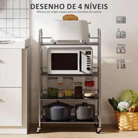 Carrinho Cozinha Auxiliar com Rodas de Aço Inoxidável de 4 Níveis com Prateleira Ajustável 2 Rodas com Travão 60x35x100 cm  Prateado