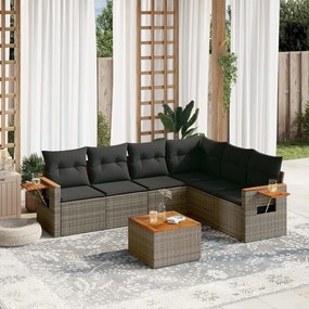 7 pcs conjunto sofás p/ jardim c/ almofadões vime PE cinzento