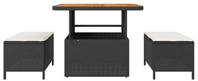 Conjunto de Jantar de Jardim com 3 Peças e Almofadas Preto Vime Rattan