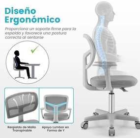 Cadeira Secretária para Crianças Ergonómica com Rodas Cadeira Giratória Altura Ajustável Apoio Lombar Cinza