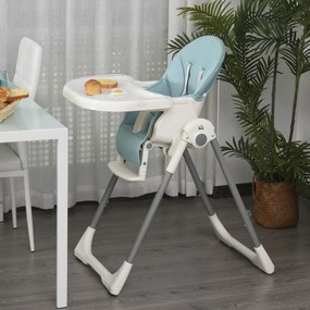 Cadeira de refeição ajustável e dobrável para bebê acima de 6 meses com bandeja dupla 55x80x104 cm azul
