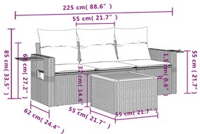 4 pcs conjunto sofás de jardim c/ almofadões vime PE cinzento