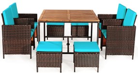 Conjunto 9 Peças Móveis para Jantar Exterior Conjunto de Cadeiras de Vime e Bancos com Almofadas para Pátio de Jardim Castanho