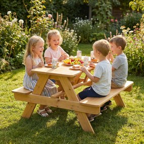 Conjunto de mobiliário de jardim infantil para exterior, mesa de piquenique infantil com bancos, estrutura em madeira maciça, madeira natural