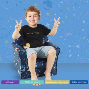 HOMCOM Poltrona para Crianças acima de 3 Anos com Desenhos de Planetas Estrutura de Madeira e Estofado em Flanela 50x39x44 cm Azul