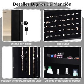 Espelho de jóias 12 LEDs Armario de parede Organizador de jóias Caixa de jóias 37 x 8,5 x 120 cm Preto