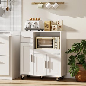 Móvel Auxiliar de Cozinha com Rodas para Microondas com Bandeja Deslizante Gaveta 3 Portas Prateleira Ajustável 80x40x88,7 cm Branco