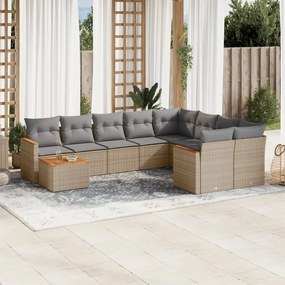 10 pcs conjunto de sofás p/ jardim com almofadões vime PE bege