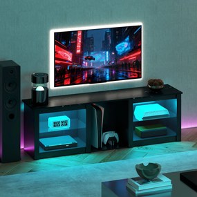 Móvel de TV com iluminação LED para televisores até 65 polegadas, 160 C x 35 L x 49,7 A cm, com prateleiras de vidro ajustáveis, preto