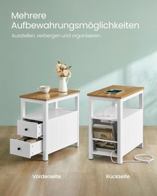 Mesa de apoio, mesa cabeçeira estreita com 2 tomadas eléctricas, 2 portas USB 60 x 35 x 60 cor nogueira castanho-branco