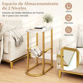 Mesa apoio, mesa de cabeçeira Estreita 60 x 28,5 x 64 cm com Tampo de Imitação Mármore  e Suporte para Revistas Estrutura Metálica Dourada e Branco