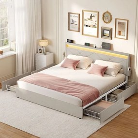 Estrutura de cama com iluminação LED 160 x 200 cm (COLCHÃO NÃO INCLUIDO) , gavetas e cabeceira bege cappuccino