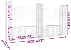 Cesto gabião em forma de U c/ 3 postes 260x20x150 cm ferro