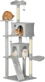 Arranhador para gatos com torre de brincadeiras, plataformas, compartimentos abertos, cama, rede, escada e arranhadores de sisal 56x56x180 cm cinzento