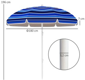 Chapéu de Sol Grande para Praia Ø180 cm Dobrável com Ângulo Ajustável Proteção UV50+ Impermeável Mastro de Ø32 mm Multicolor