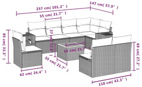 9 pcs conjunto sofás p/ jardim com almofadões vime PE cinzento