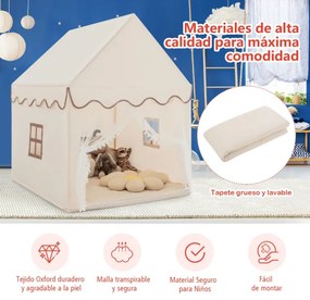Casinha com tenda Tapete de algodão com porta e janela Brinquedo castelo 120 x 105 x 140 cm Bege